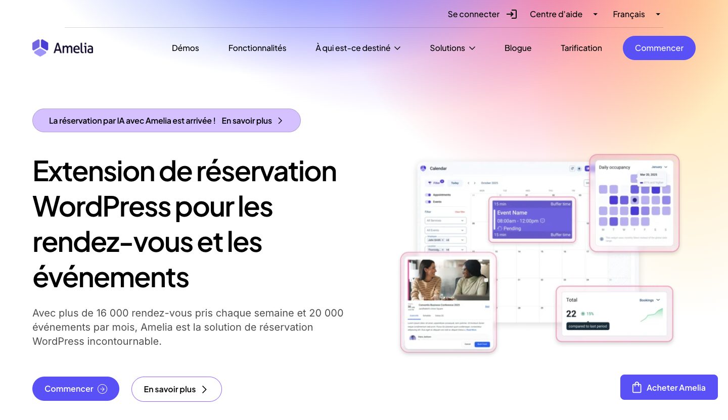 Page d'accueil du plugin de réservation WordPress Amelia en octobre 2026