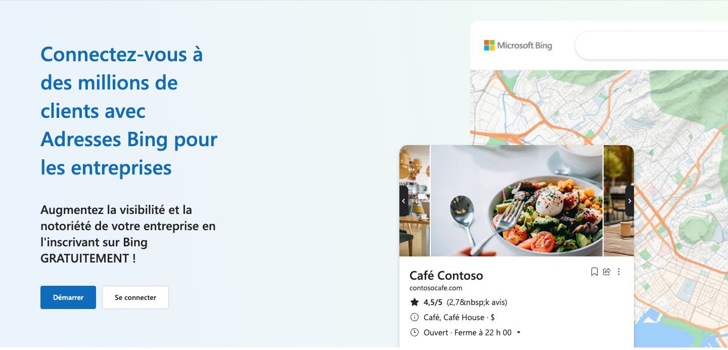 Page d'accueil de Bing Places pour entreprises, l'annuaire gratuit de Microsoft utilisé par ChatGPT et Copilot